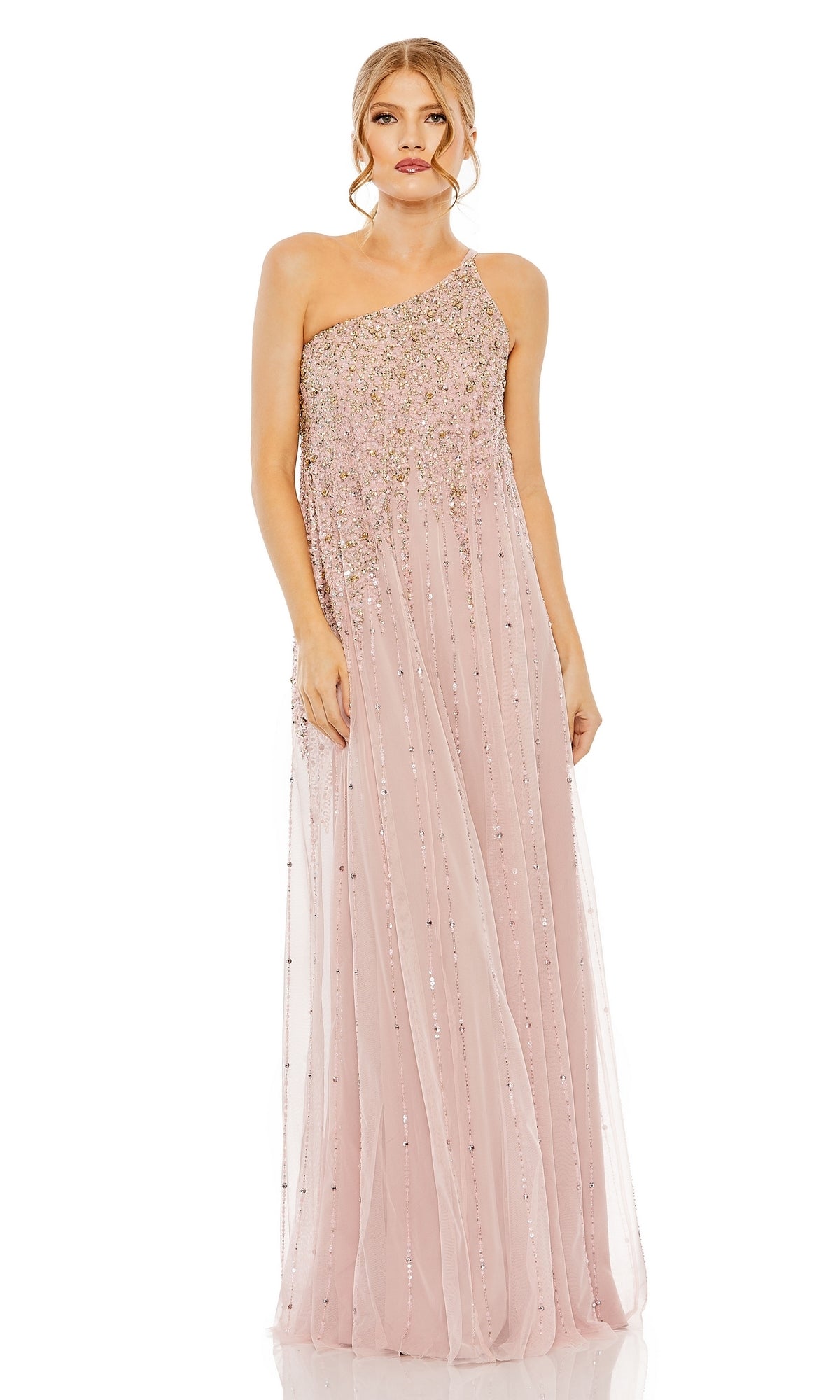 A woman stands against a white background, wearing the Mac Duggal 9224—an elegant one-shoulder long formal dress in light pink embellished with sequins and beads.